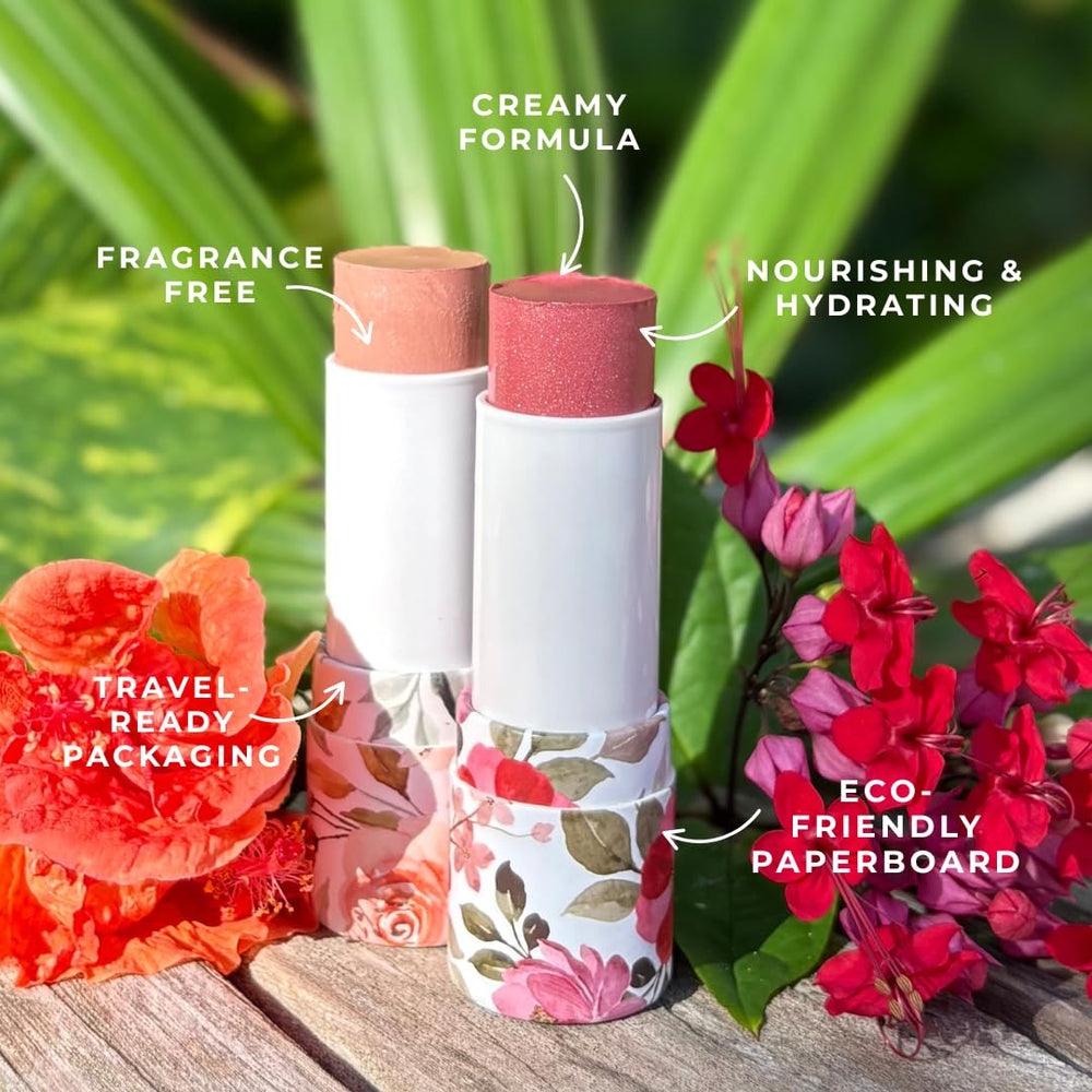 Peony shade with smooth cream-to-powder blend on lips