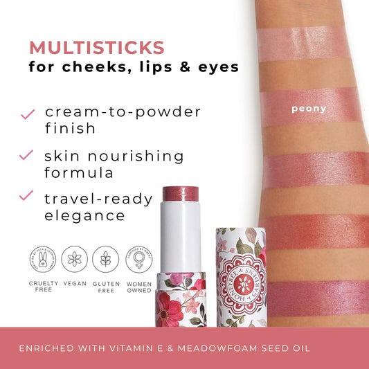 Honeybee Gardens MultiStick Peony swirled on cheeks for buildable glow
