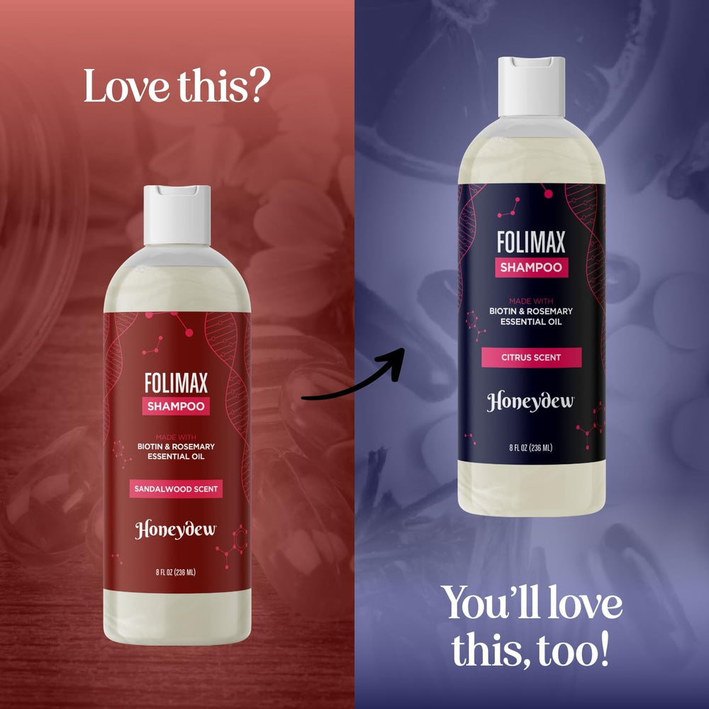 Rosemary oil detail on HONEYDEW Folimax Biotin Shampoo bottle for scalp care.