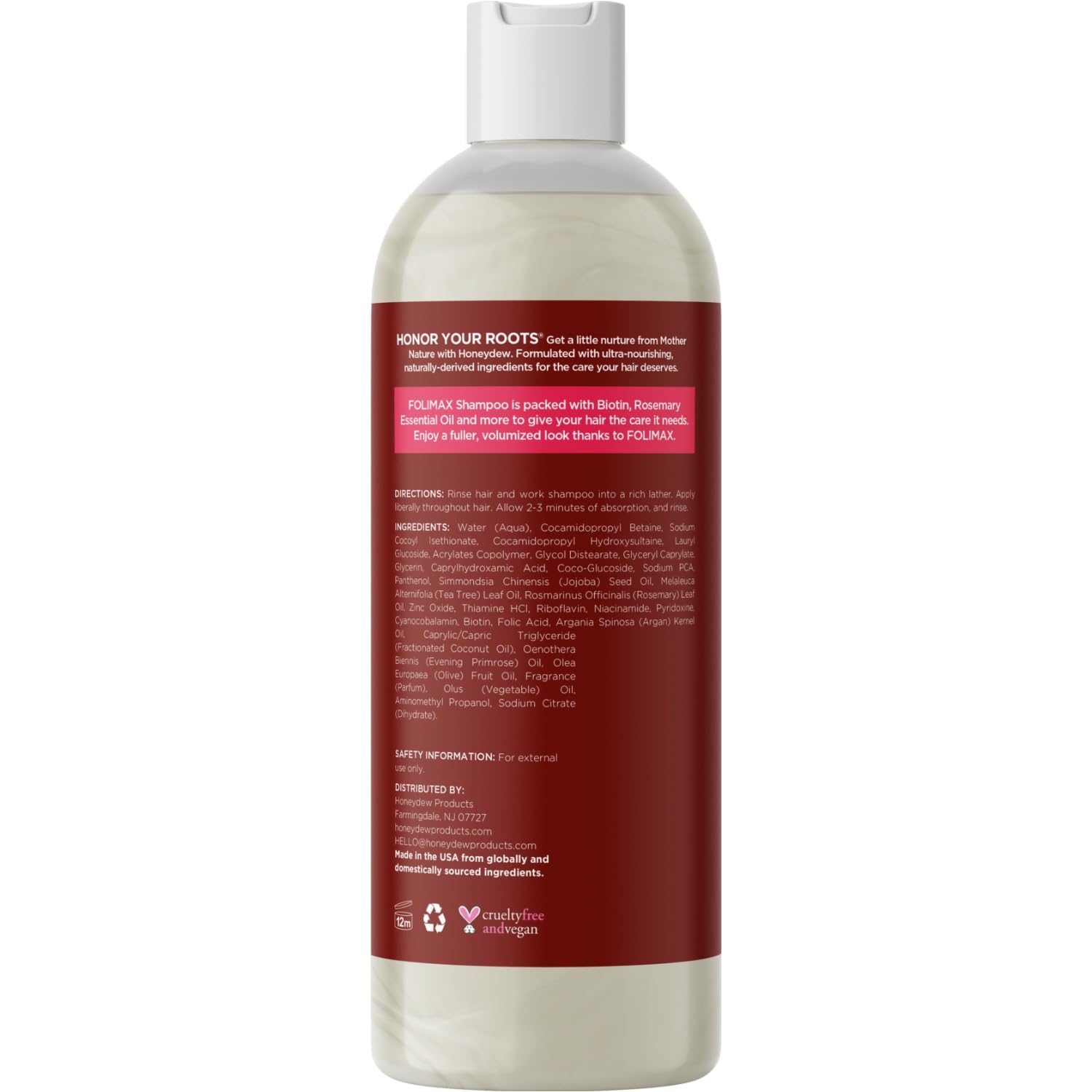 Tea tree oil close-up on HONEYDEW Folimax Biotin Shampoo for refreshing cleanse.