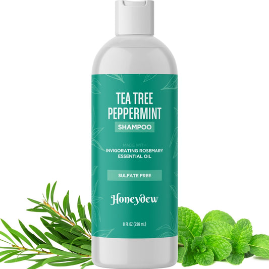 HONEYDEW Invigorating Tea Tree Mint Shampoo bottle highlights refreshing clarifying formula for oily hair
