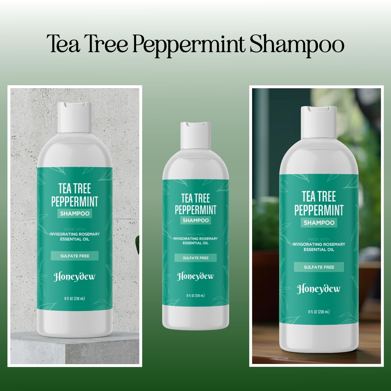 HONEYDEW Invigorating Tea Tree Mint Shampoo label close-up emphasizes natural ingredients