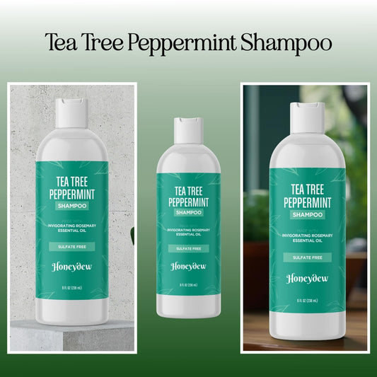 HONEYDEW Invigorating Tea Tree Mint Shampoo label close-up emphasizes natural ingredients