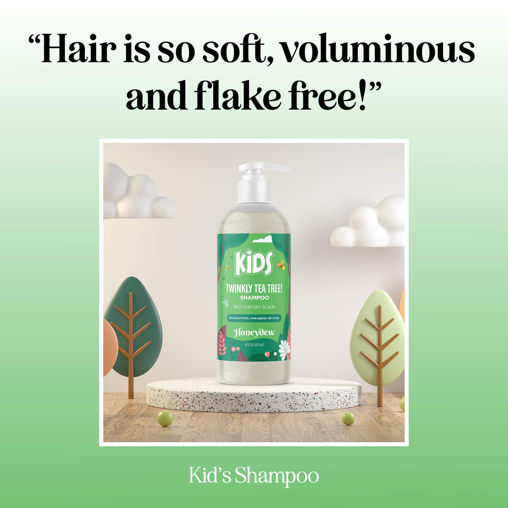 Honeydew kids shampoo bottle with tea tree oil drops for refreshing scalp care