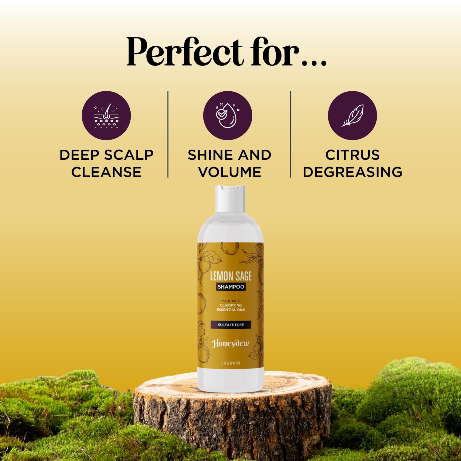 HONEYDEW Lemon Sage Shampoo wet hair shot illustrating deep cleansing for oily roots