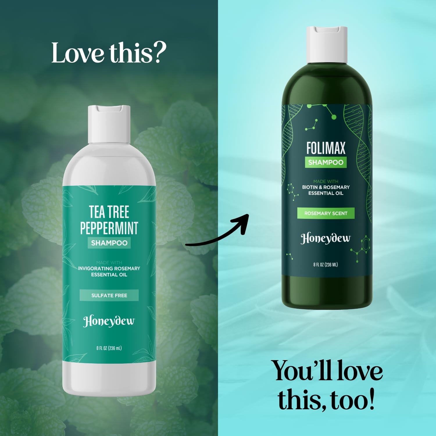 HONEYDEW Tea Tree Mint ingredients panel shows essential oils for scalp care