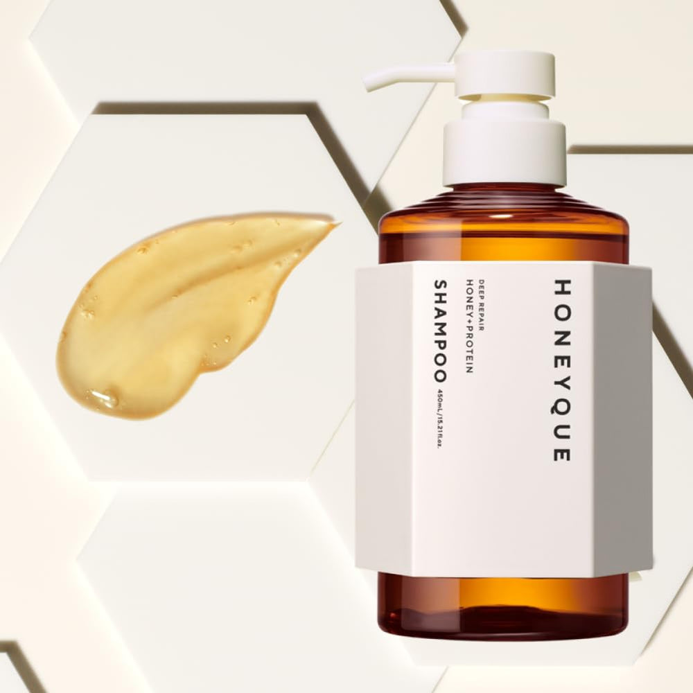 HONEYQUE Deep Repair Moist Shampoo label close-up highlighting Manuka honey.
