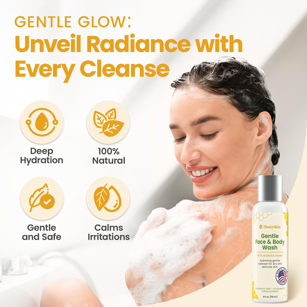 Honeyskin pH-balanced multi-action formula label close-up for sensitive skin.