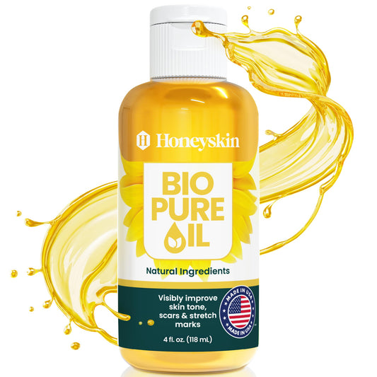 Honeyskin Bio Pure Skincare Oil bottle shown for deep hydration of dry skin.