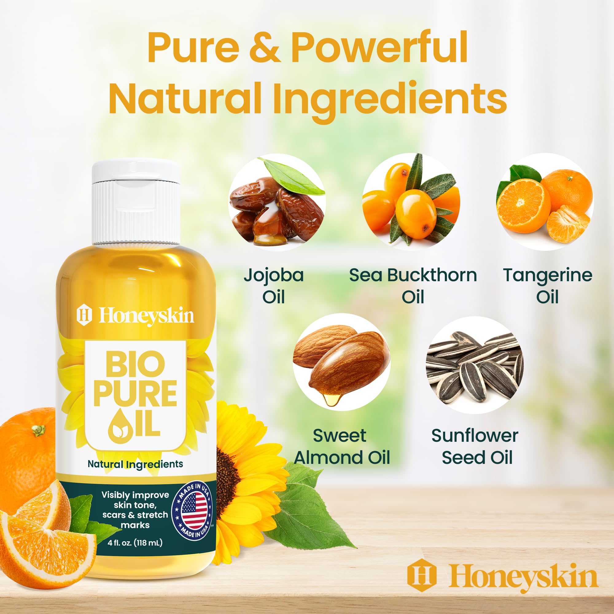 Honeyskin Bio Pure Skincare Oil label close-up highlights natural ingredients.