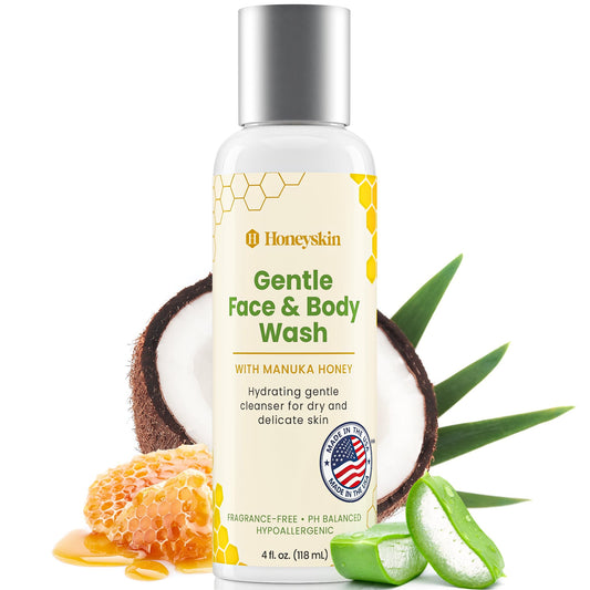 Honeyskin face and body wash foam close-up with Manuka honey for gentle cleansing.