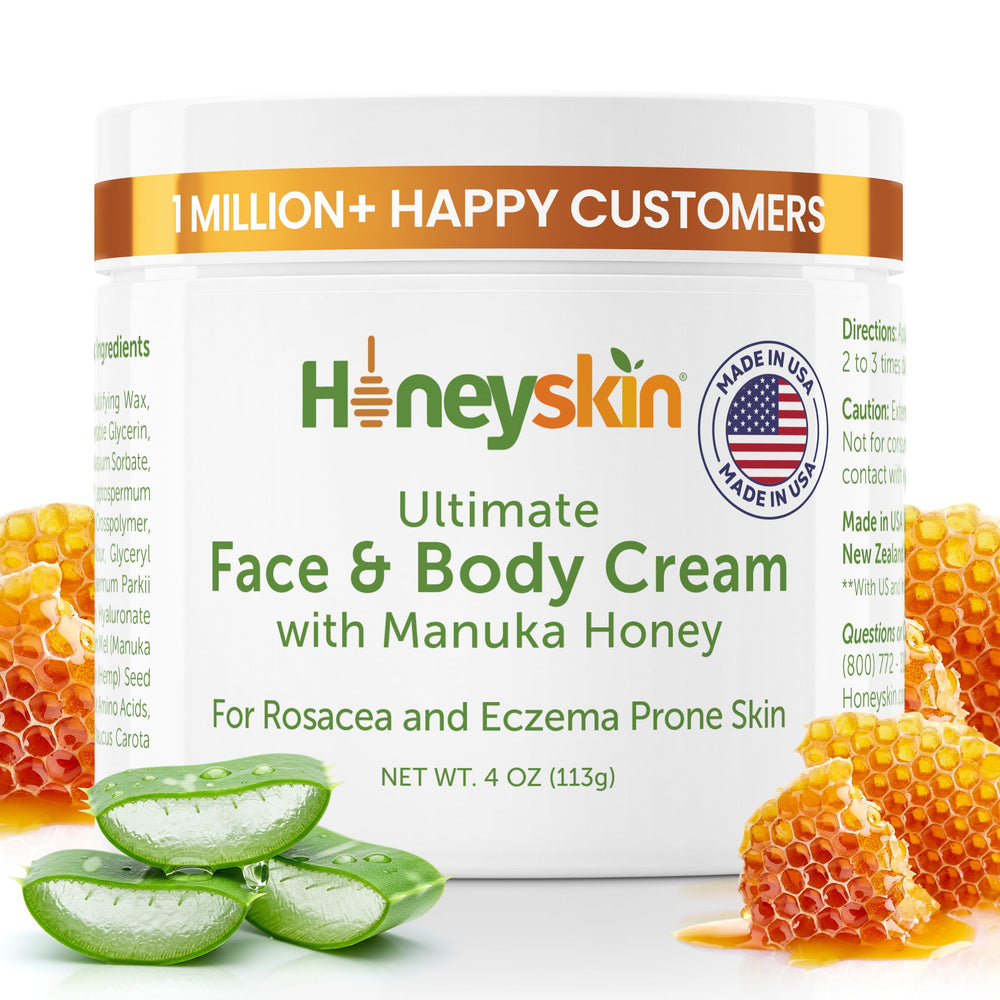 Honeyskin hydrating face moisturizer bottle shows organic Manuka honey for deep hydration.