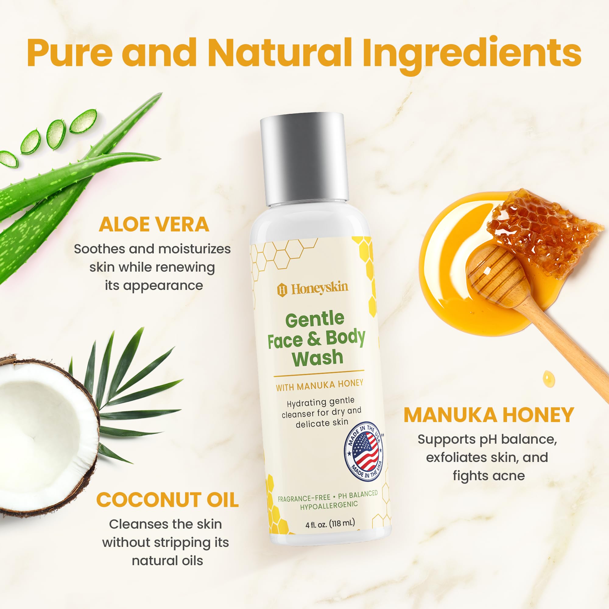 Honeyskin Manuka honey bottle with natural ingredients close-up.