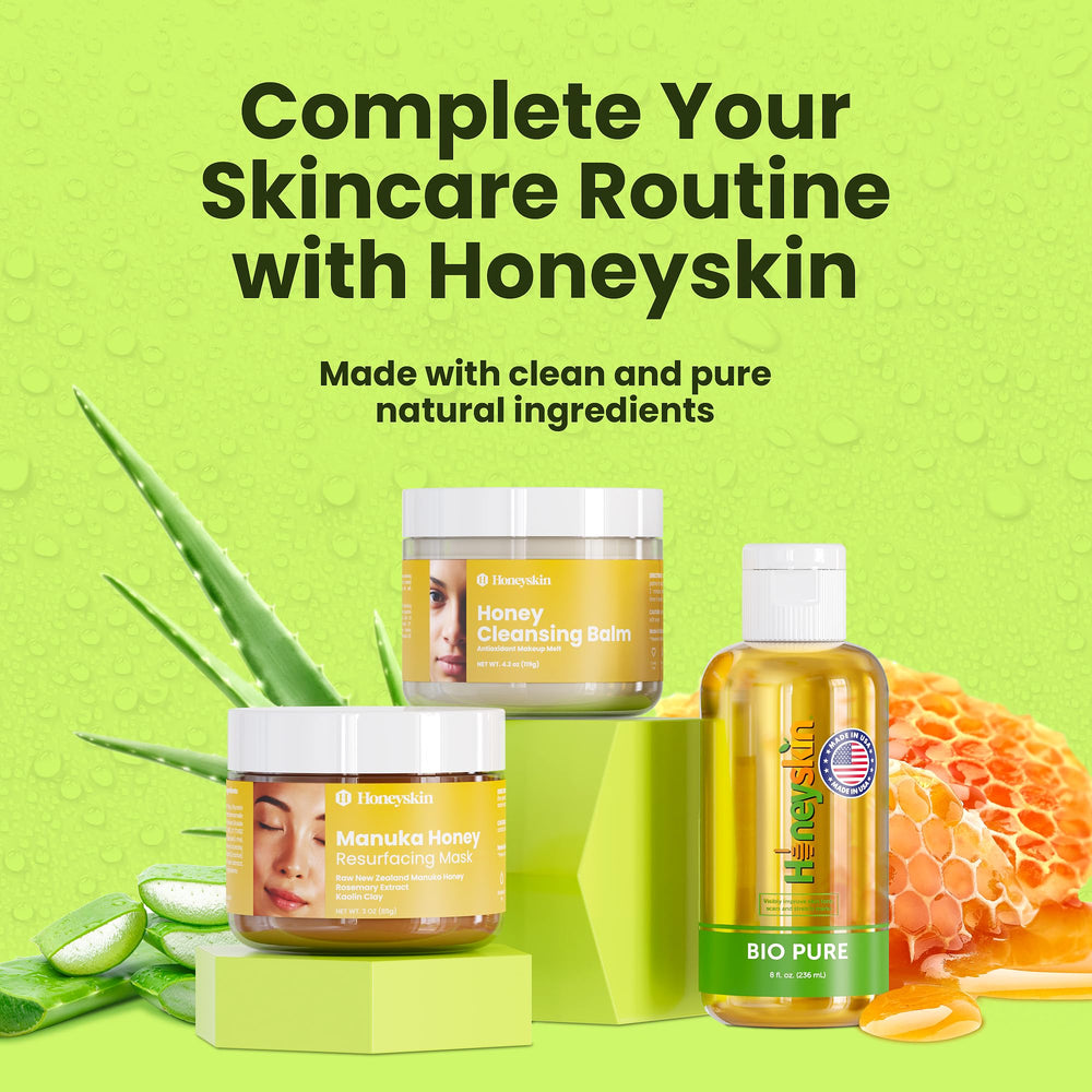 Honeyskin Organic Aloe Vera Gel packaging highlights natural, vegan, cruelty-free formula.