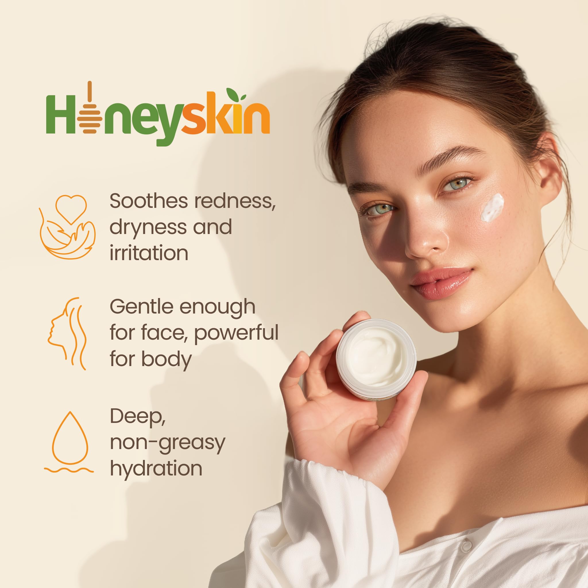 Honeyskin organic ingredients label emphasizes gentle, pH-balanced skincare.