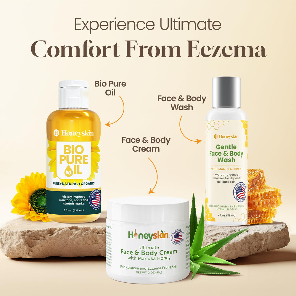 Honeyskin packaging features eco-friendly, USA-made care branding.