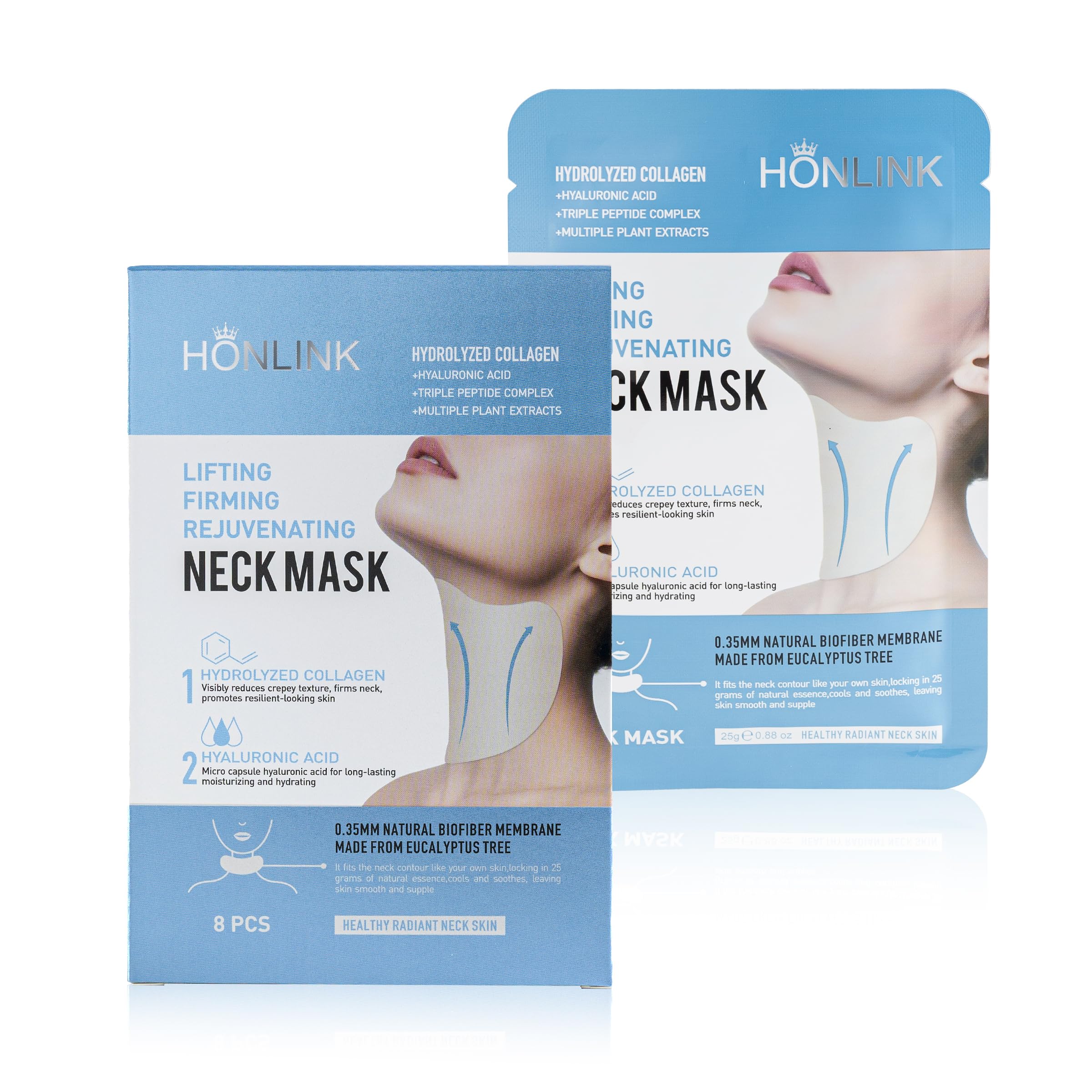 HONLINK neck mask 8pcs packaging close up highlighting weekly hydration routine