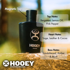 HOOEY leather and sandalwood notes in a rugged, outdoor-friendly bottle.
