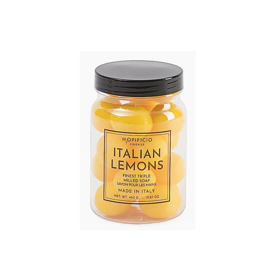 Hopificio Firenze Italian Lemons mini hand soap jar with zesty scent for refreshing cleansing.