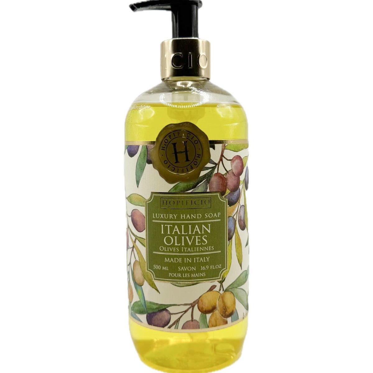 Hopificio Italian Olives hand soap bottle shows luxury design and skin-friendly formula