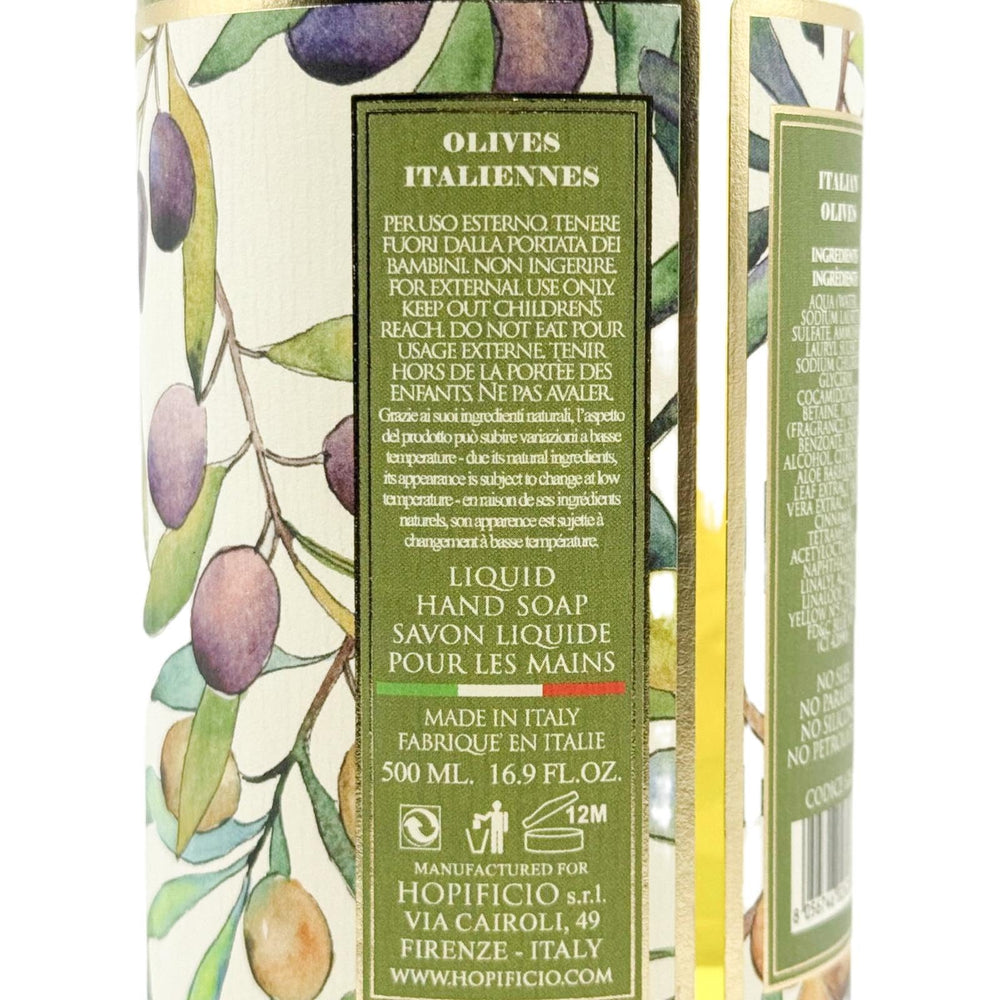 Hopificio Italian Olives hand soap packaging emphasizes premium ingredients and elegant branding