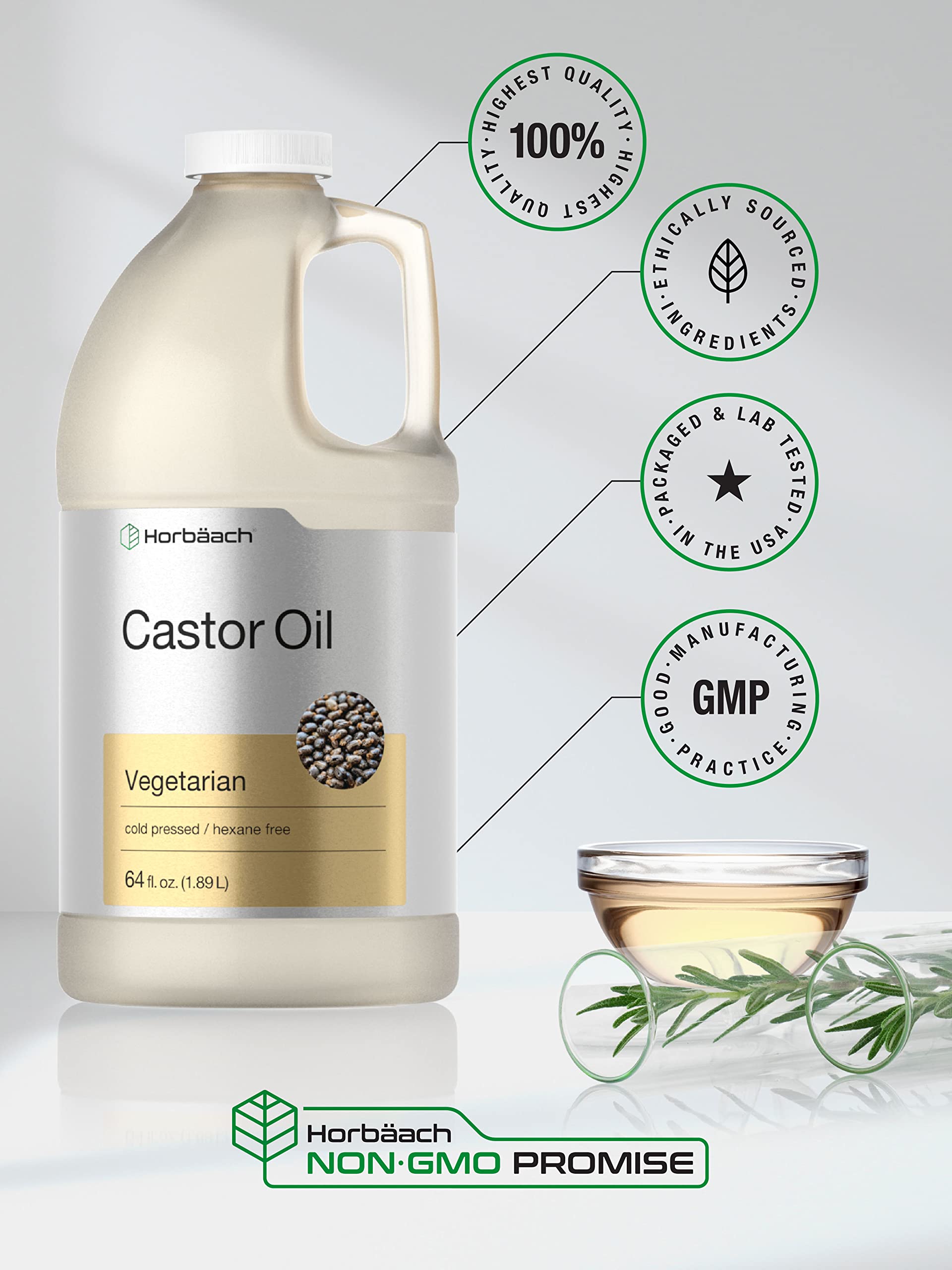 Non-GMO Horbaach castor oil suitable for sensitive skin routines.