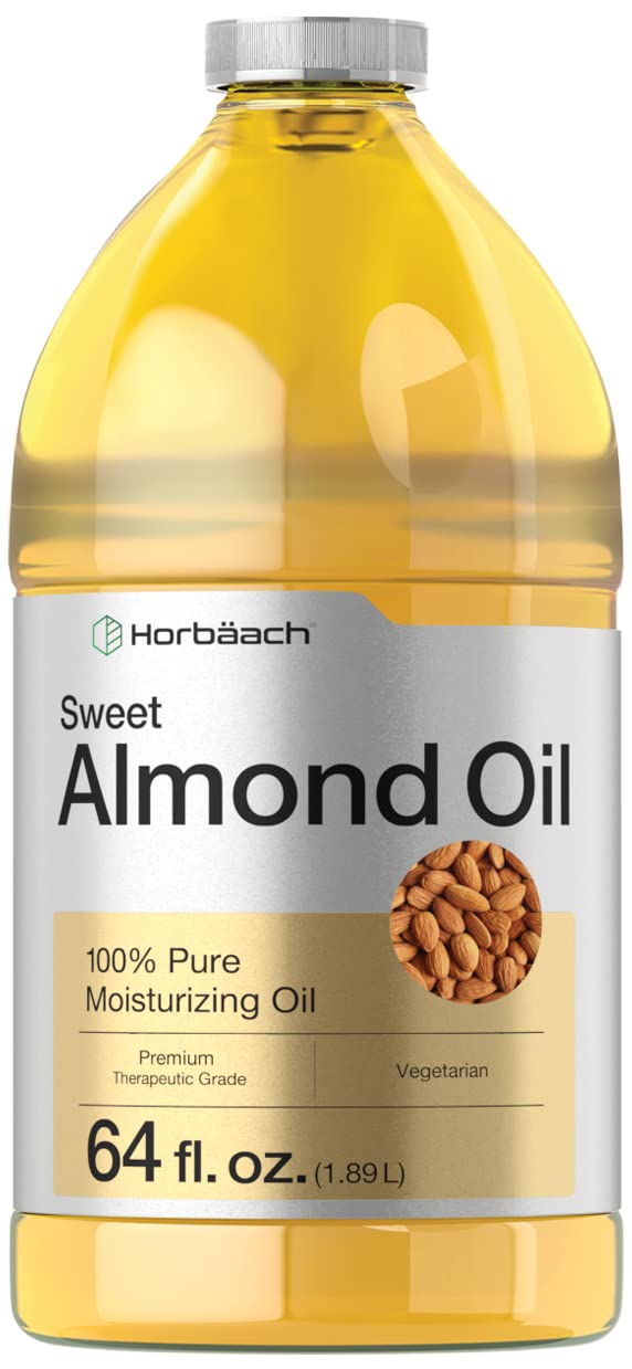 Horbaach Sweet Almond Oil bottle pouring for hair and skin hydration.