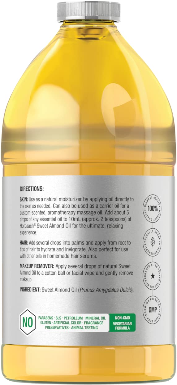 Horbaach Sweet Almond Oil bulk pack label shows hexane-free, cold-pressed quality.