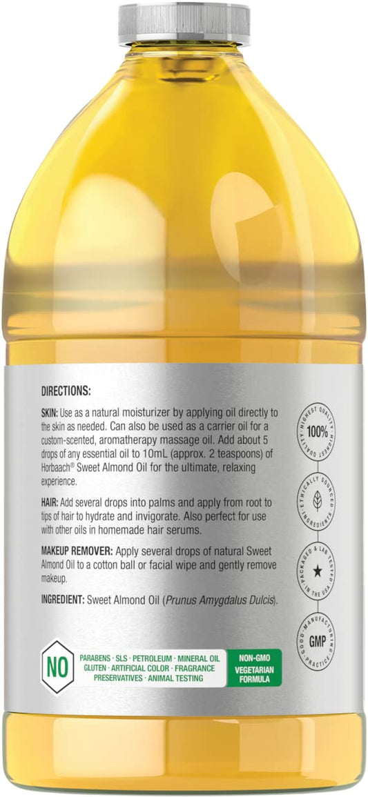 Horbaach Sweet Almond Oil bulk pack label shows hexane-free, cold-pressed quality.
