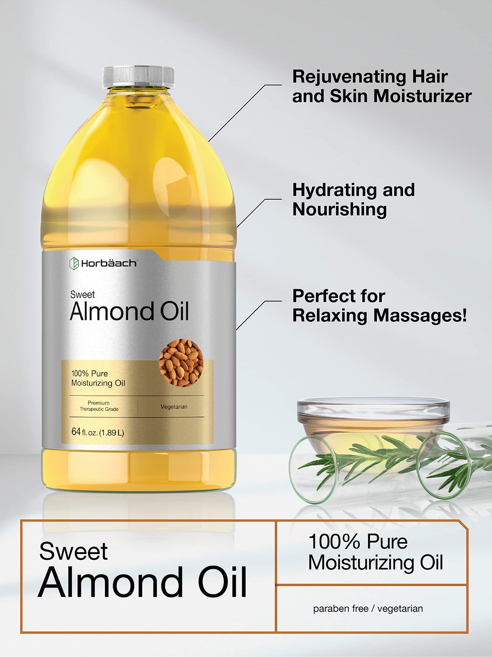 Horbaach Sweet Almond Oil for hair use and shine enhancement.