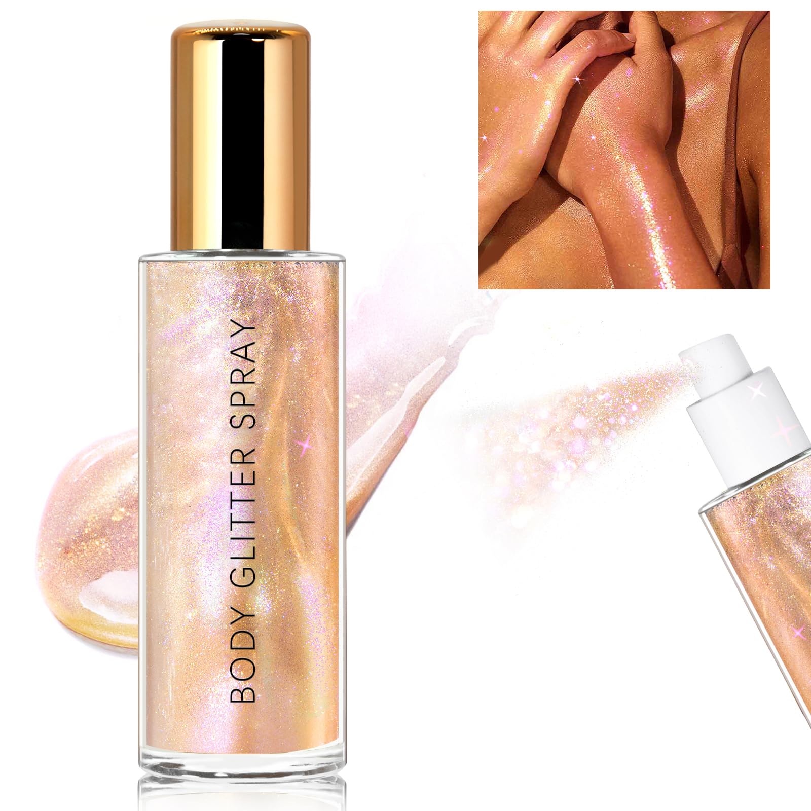 HOSAILY body glitter spray rose gold bottle providing a warm glow to skin