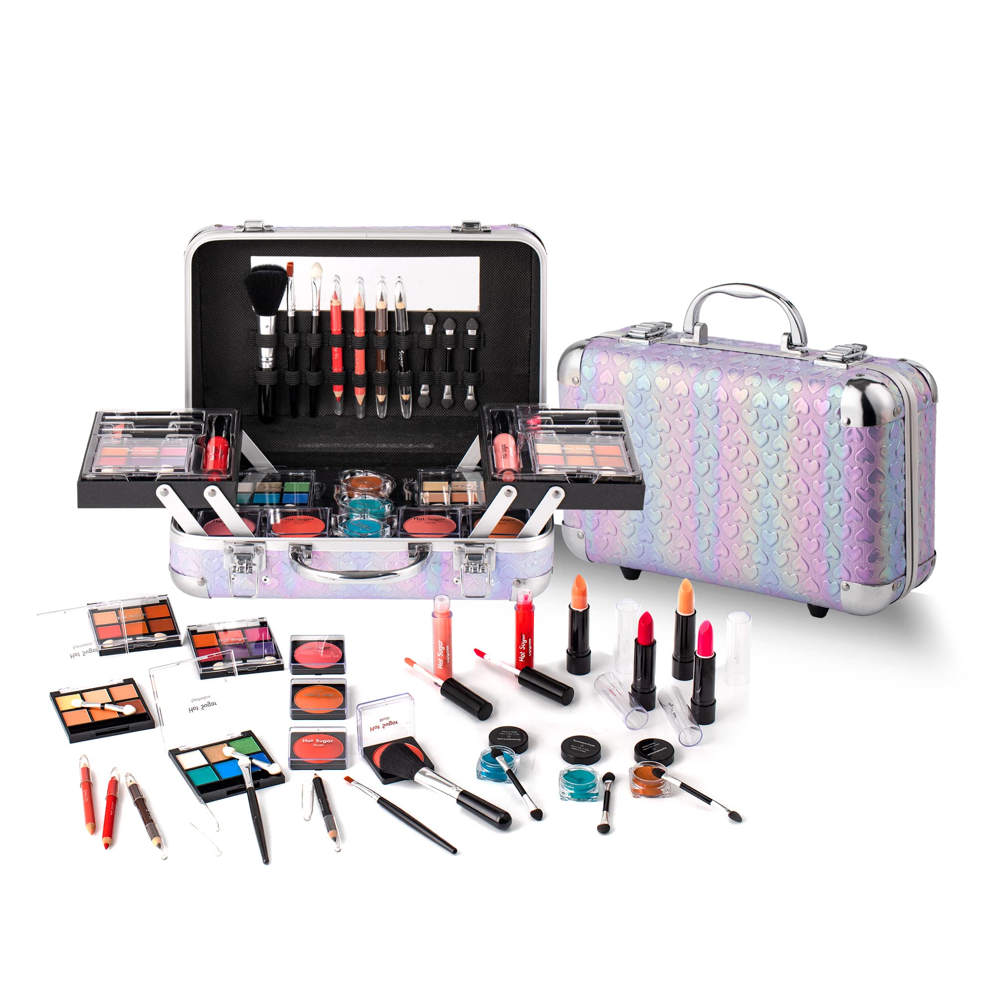 Hot Sugar all-in-one makeup set with purple heart train case, ideal travel companion.