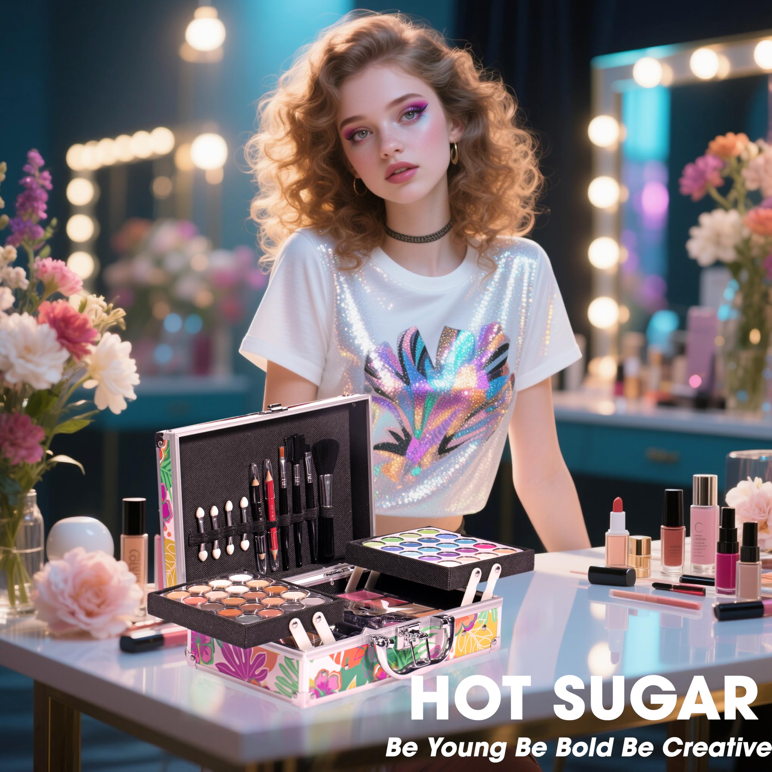 Hot Sugar makeup kit blush-highlighter-contour adds dimension to cheeks with subtle glow.