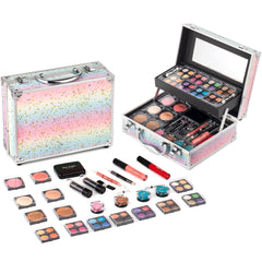 Hot Sugar Rainbow Train Case open shows organized makeup for on-the-go beauty.