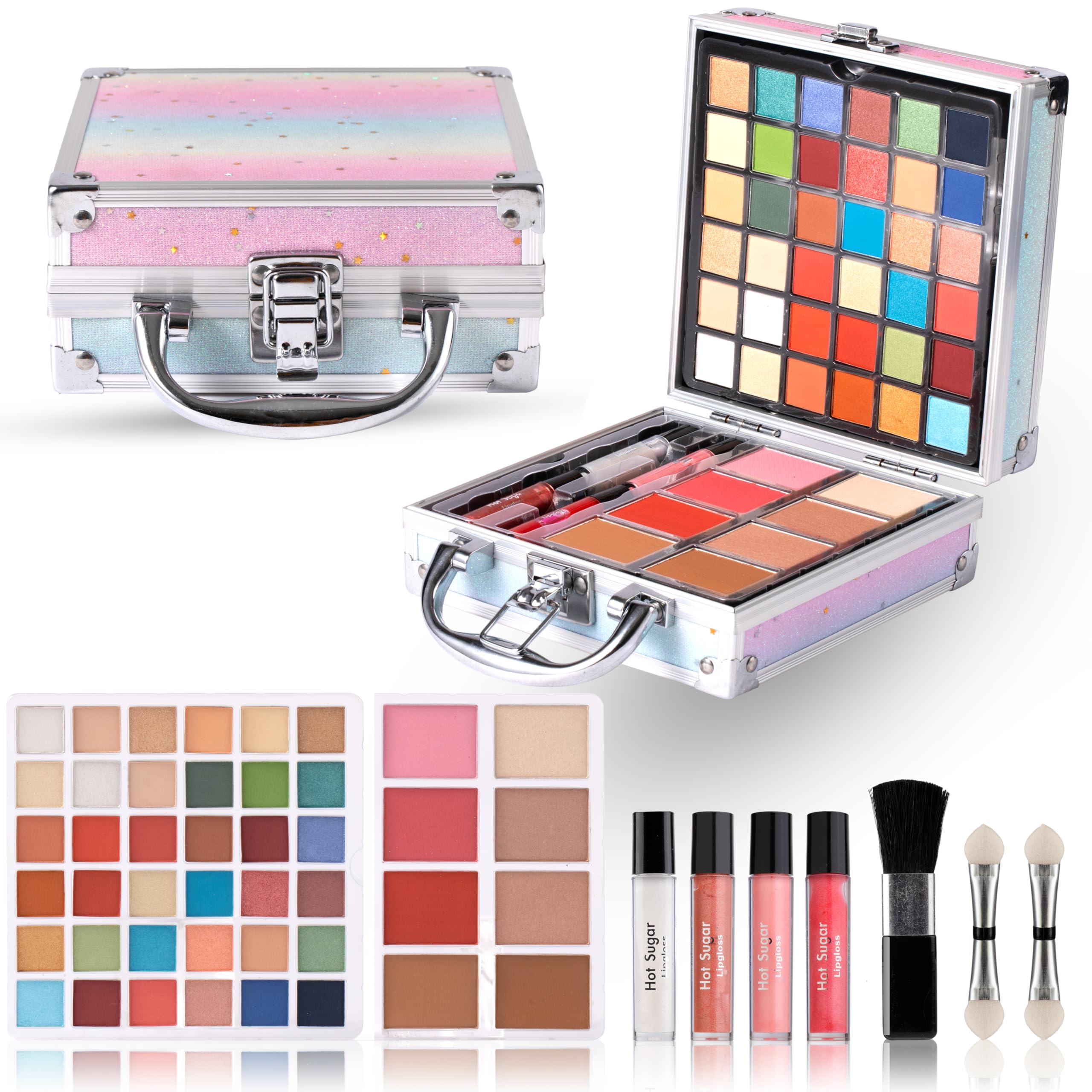 Hot Sugar Rainbow train case with colorful cosmetics for travel and gifting