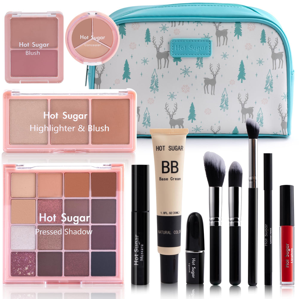 Hot Sugar travel kit blue case open with 16-color eyeshadow for versatile looks