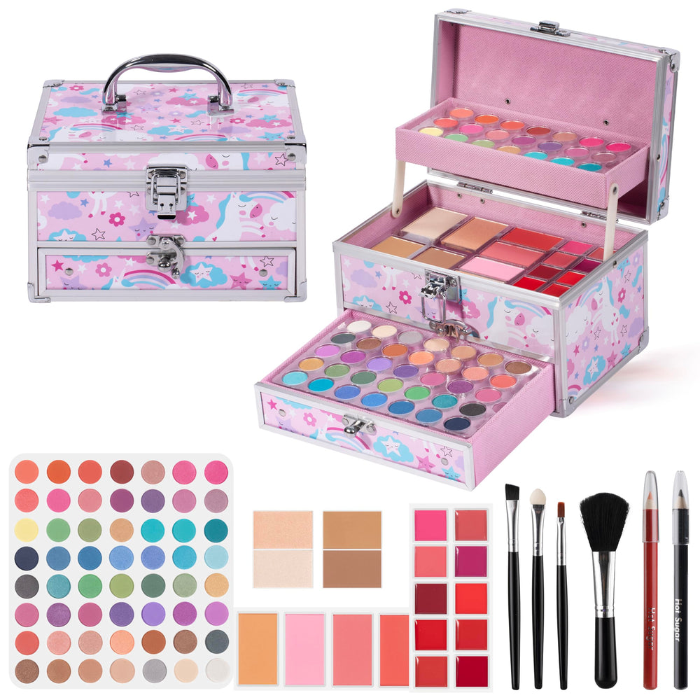 Hot Sugar unicorn train case front view for organized tween makeup on the go.