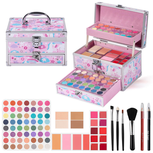 Hot Sugar unicorn train case front view for organized tween makeup on the go.