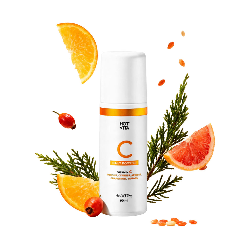 Hot Vita Vitamin C Body Oil bottle with pump for easy application and hydration.