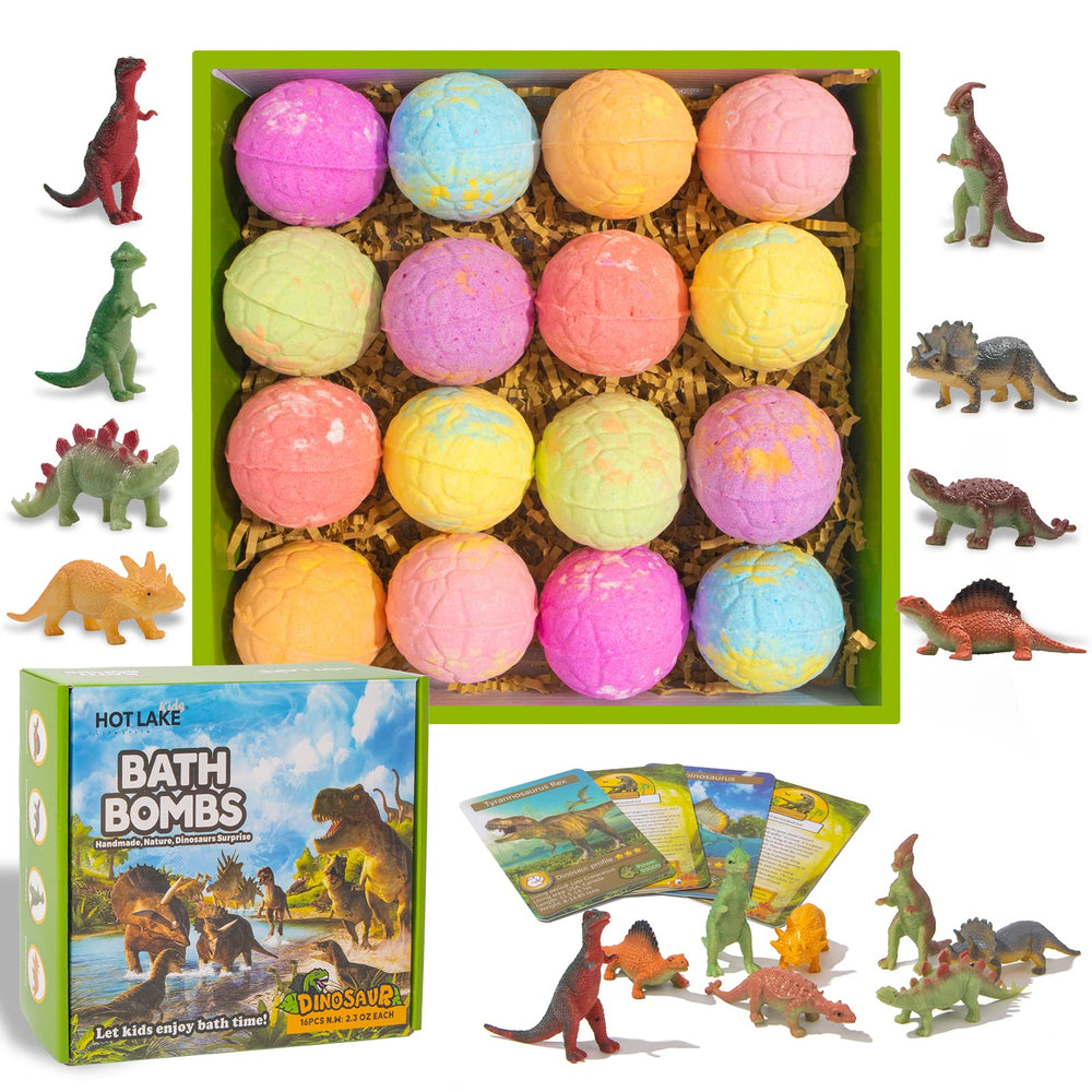 HOTLAKE Dinosaur Bath Bombs 16-pack with colorful fizz for kid-friendly bath time fun.