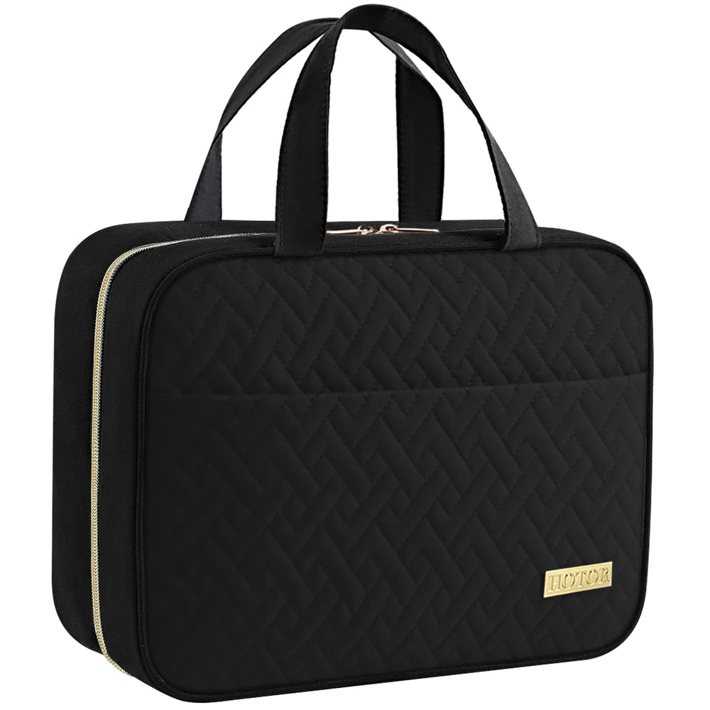 HOTOR travel toiletry bag hanging on a sturdy hook for easy access.