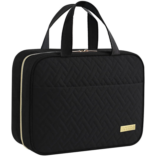 HOTOR travel toiletry bag hanging on a sturdy hook for easy access.