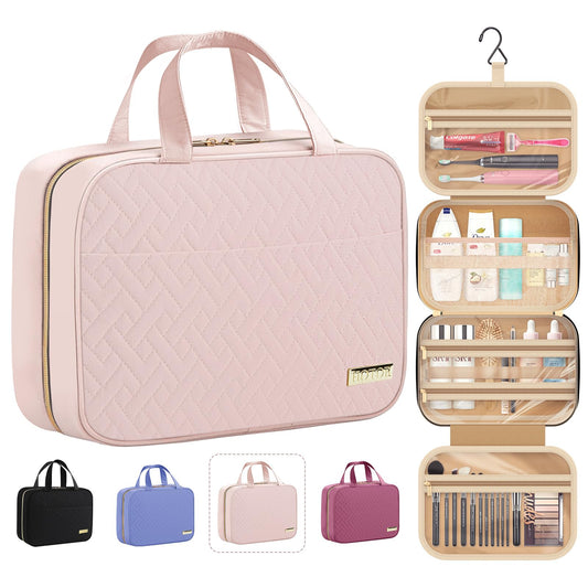 HOTOR travel toiletry bag hanging from hook for easy access and space saving.