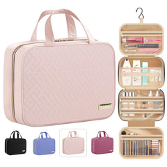 HOTOR travel toiletry bag hanging from hook for easy access and space saving.