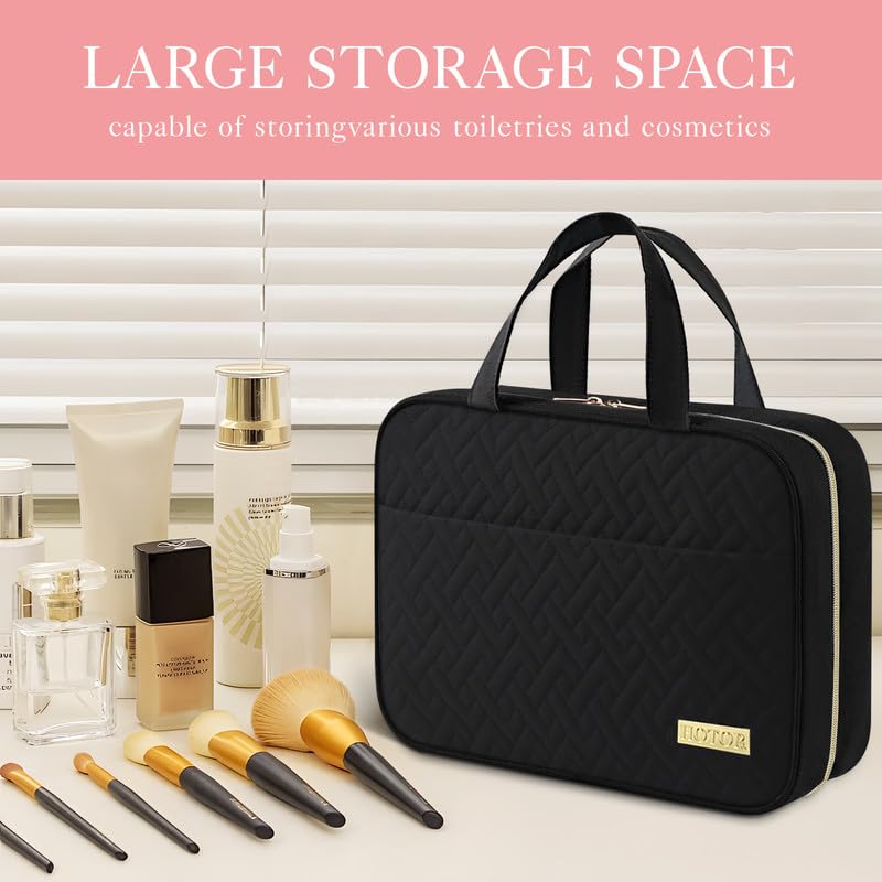 HOTOR travel toiletry bag opened to show organized compartments for cosmetics.