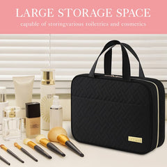 HOTOR travel toiletry bag opened to show organized compartments for cosmetics.
