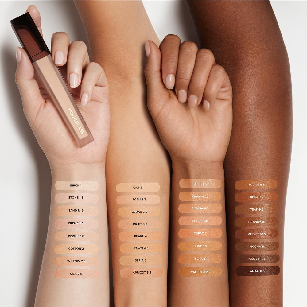 Hourglass Vanish Airbrush Concealer under-eye swatch showing brightening effect.