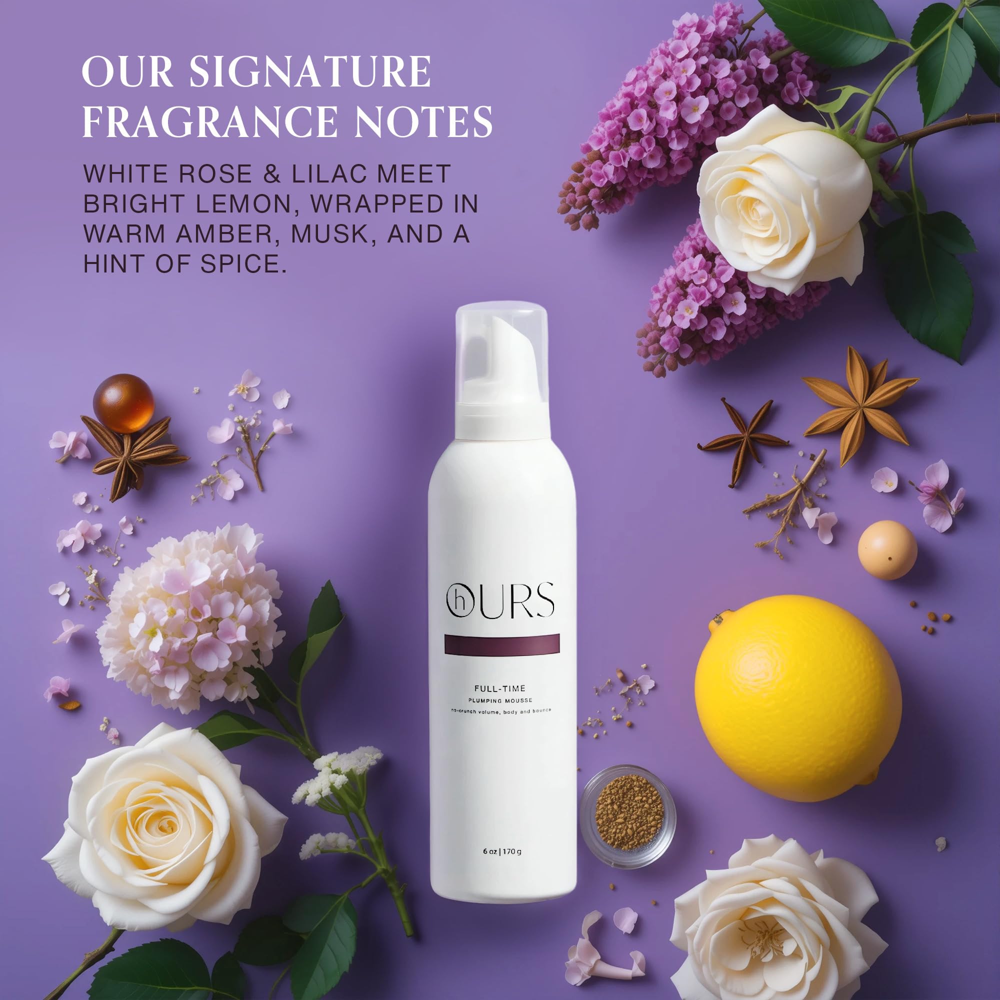 Hours haircare Full-Time Plumping Mousse ingredients featuring castor oil and fatty acids.