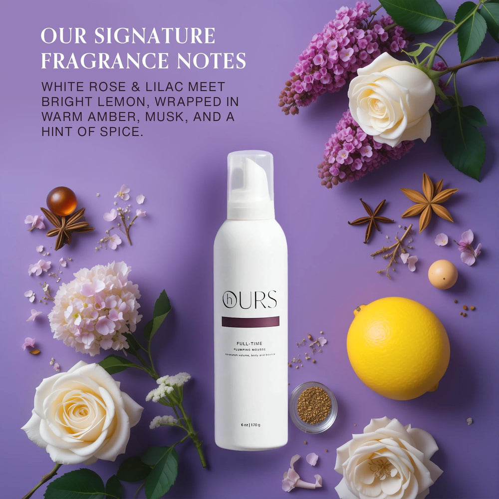 Hours haircare Full-Time Plumping Mousse ingredients featuring castor oil and fatty acids.