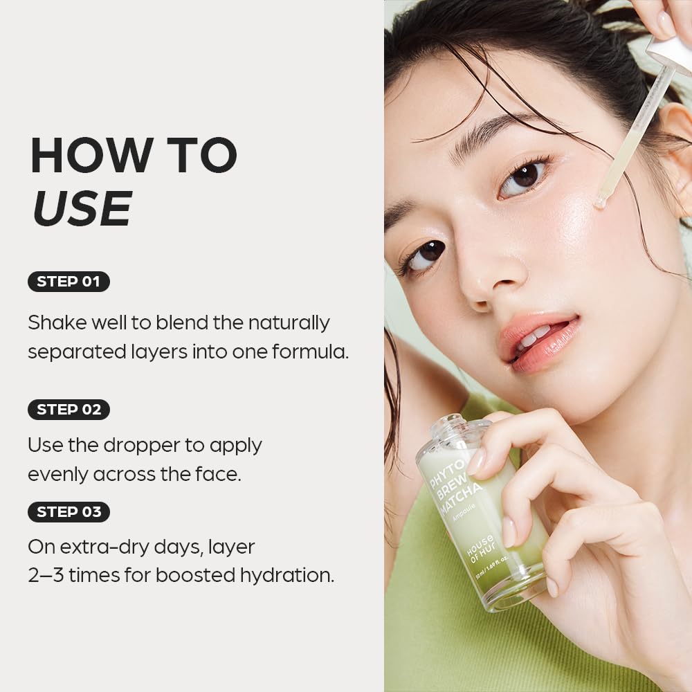 House of Hur Phyto Brew Matcha Ampoule Hadong Matcha close-up emphasizing antioxidant-rich ingredient.